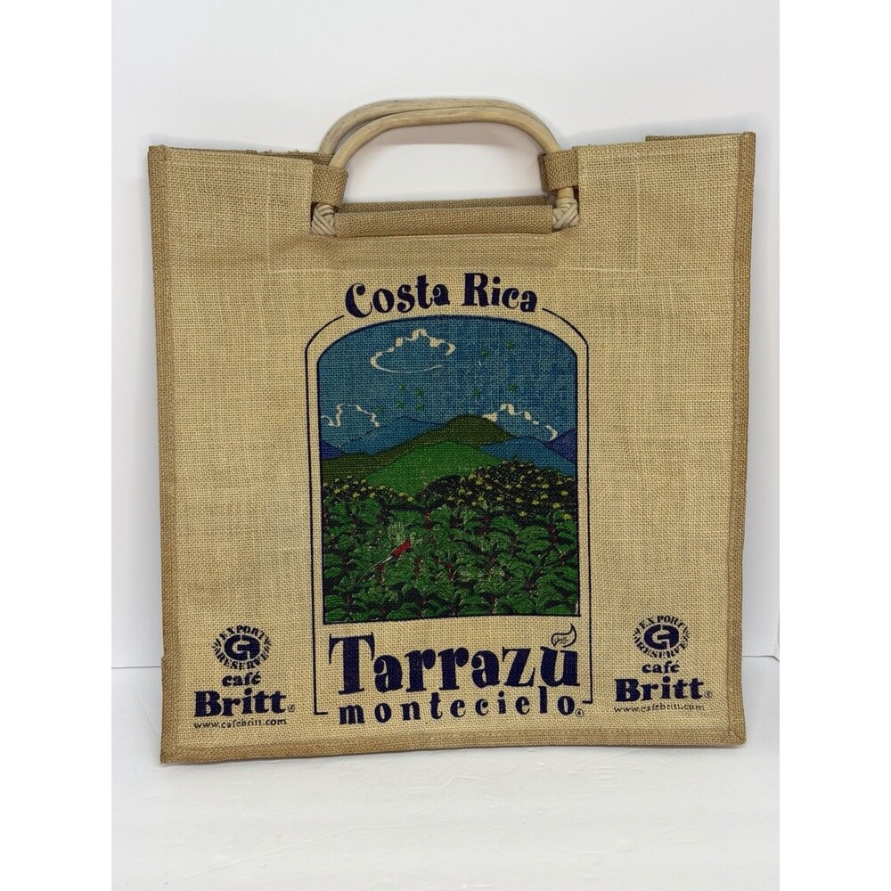 Cafe Britt Costa Rica Tarrazu Montecielo Burlap Tote Bag Wooden Handles Coffee
